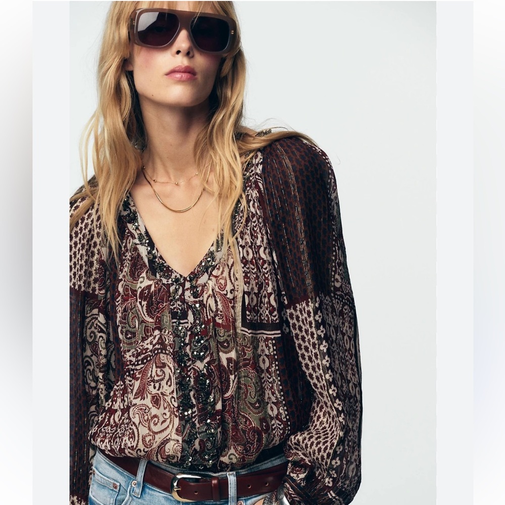 Zara NWT metallic thread beaded printed blouse - Picture 5 of 7